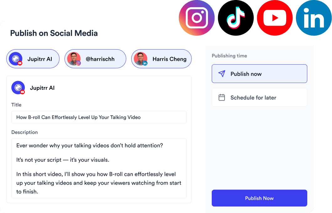 Multi-platform publishing badges on calendar slots.