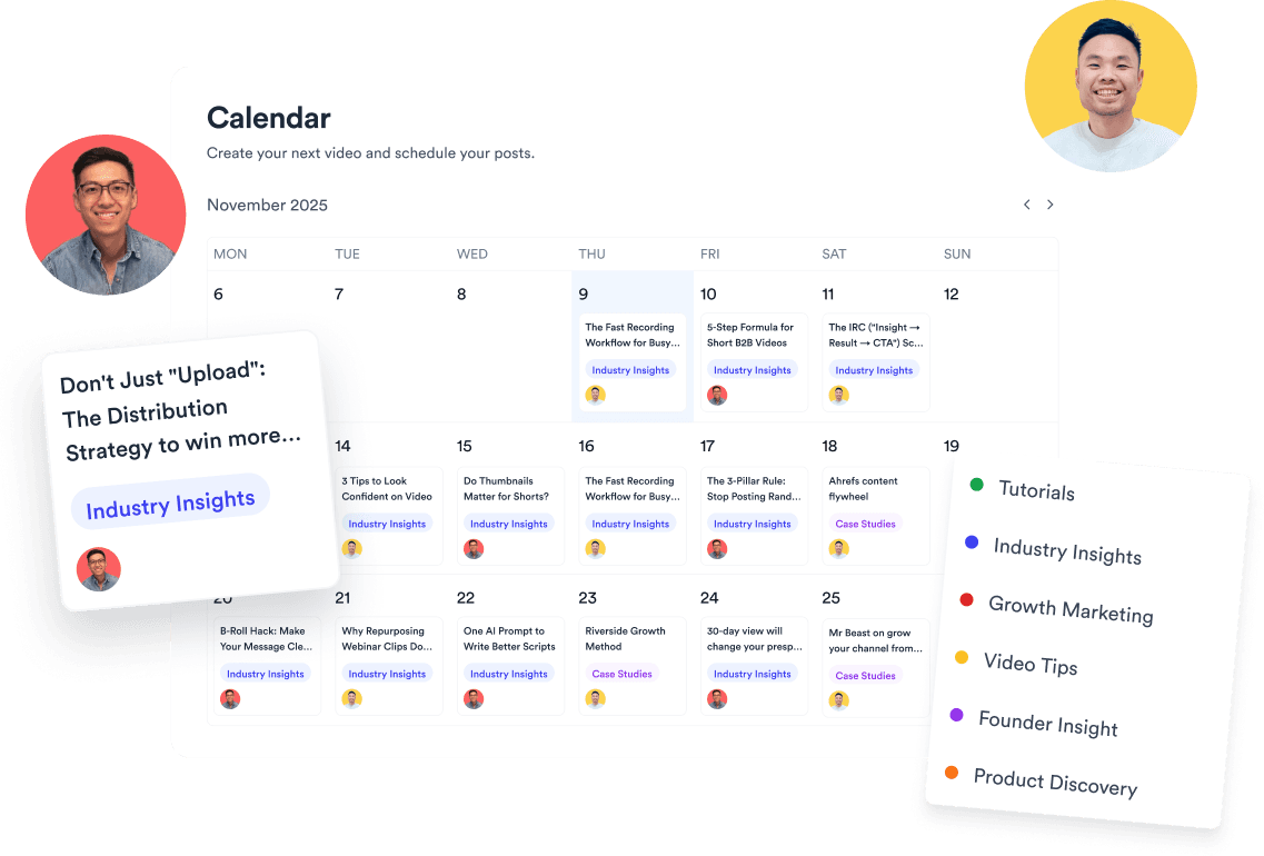 Jupitrr Content Calendar - month grid with scripts, platform badges, and scheduled posts.