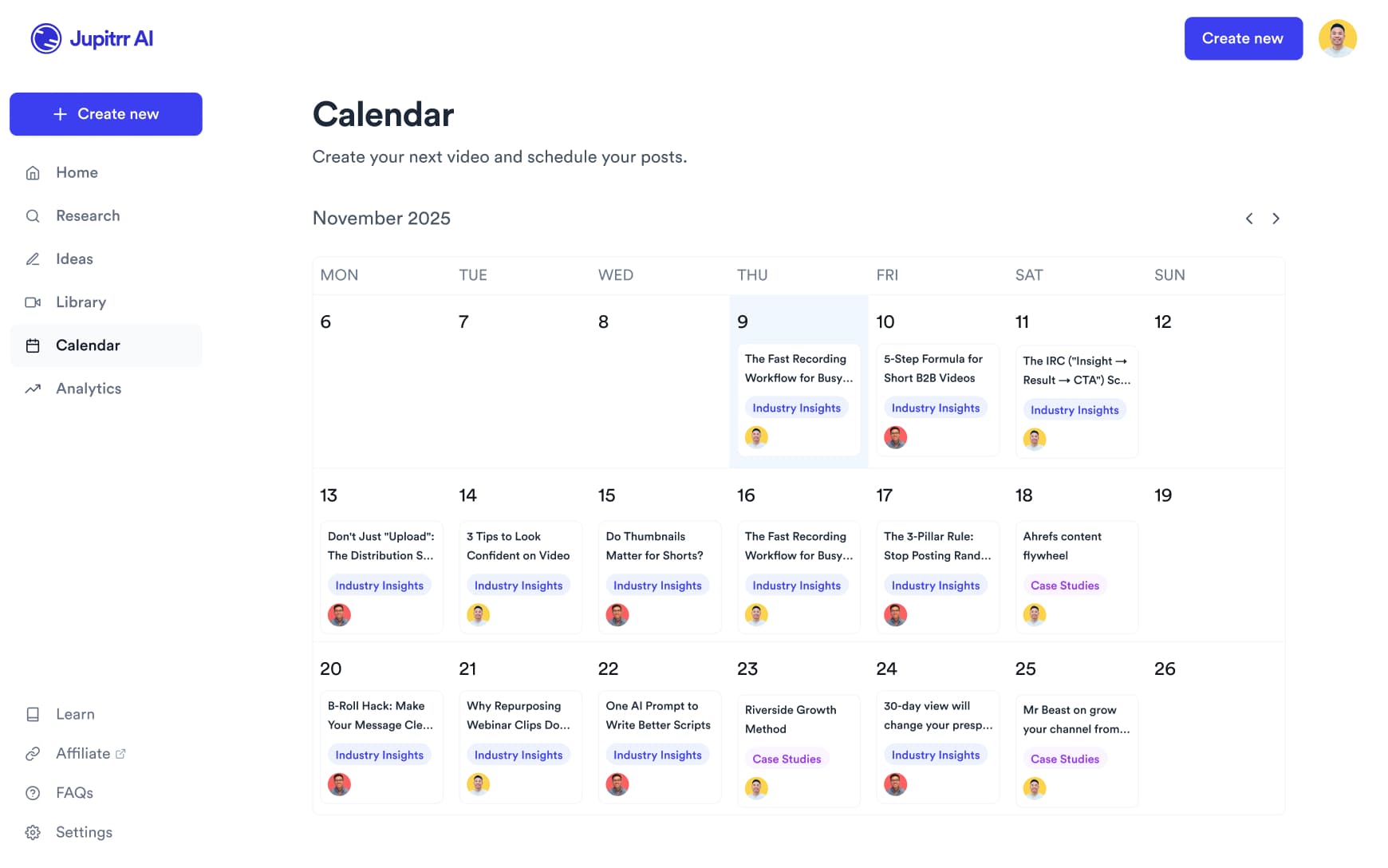 Content calendar showing scheduled videos and publishing timeline