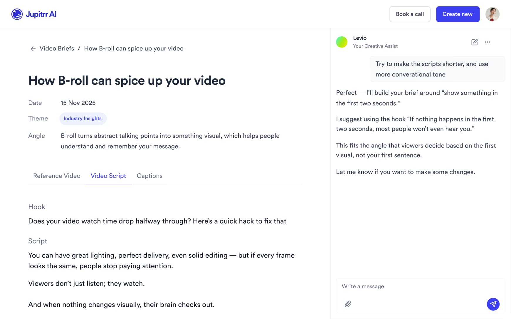 Script writing interface with AI-powered suggestions and frameworks
