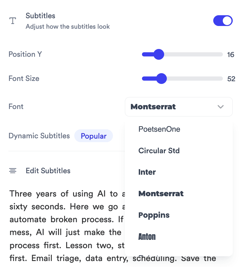 Subtitle animation modes - box highlight, colored word, static.