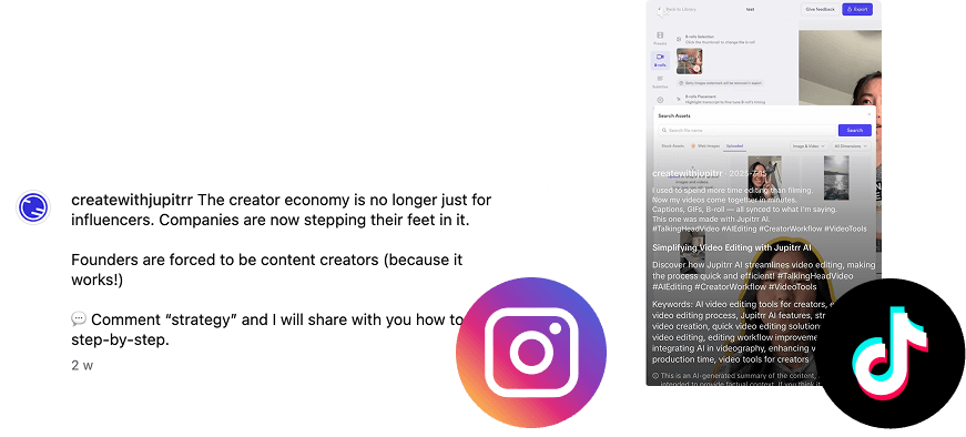 One caption adapted into per-platform variants for TikTok, Reels, and LinkedIn.