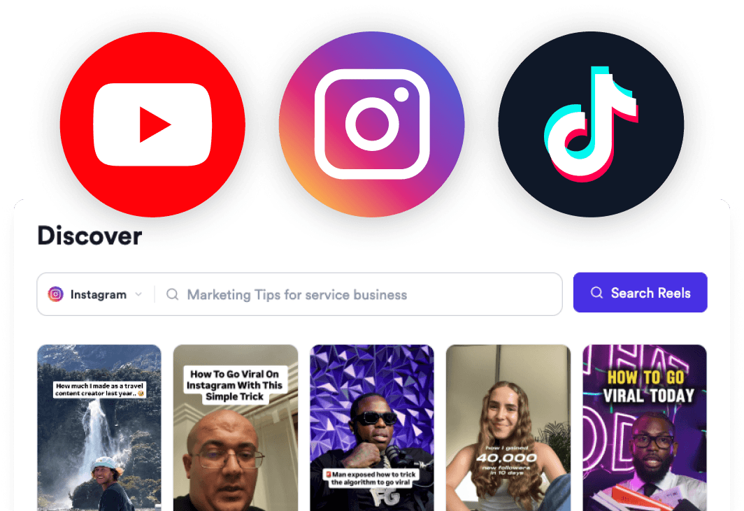 Single search feed pulling viral results from YouTube, Instagram, and TikTok.