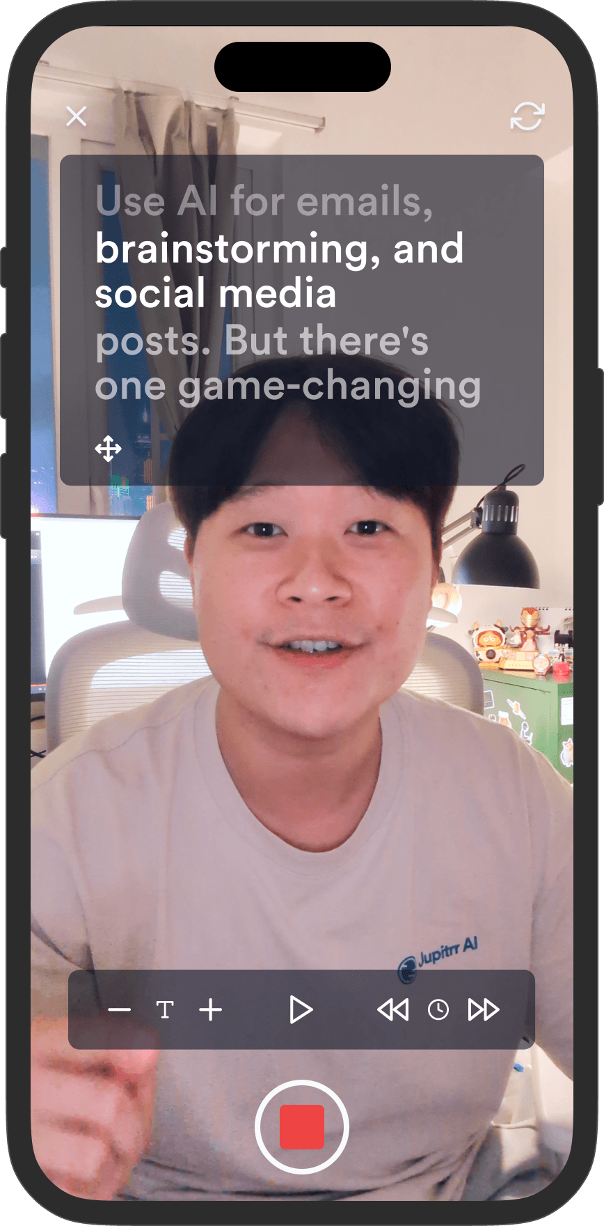 Jupitrr Teleprompter app - recording with script overlay on phone.